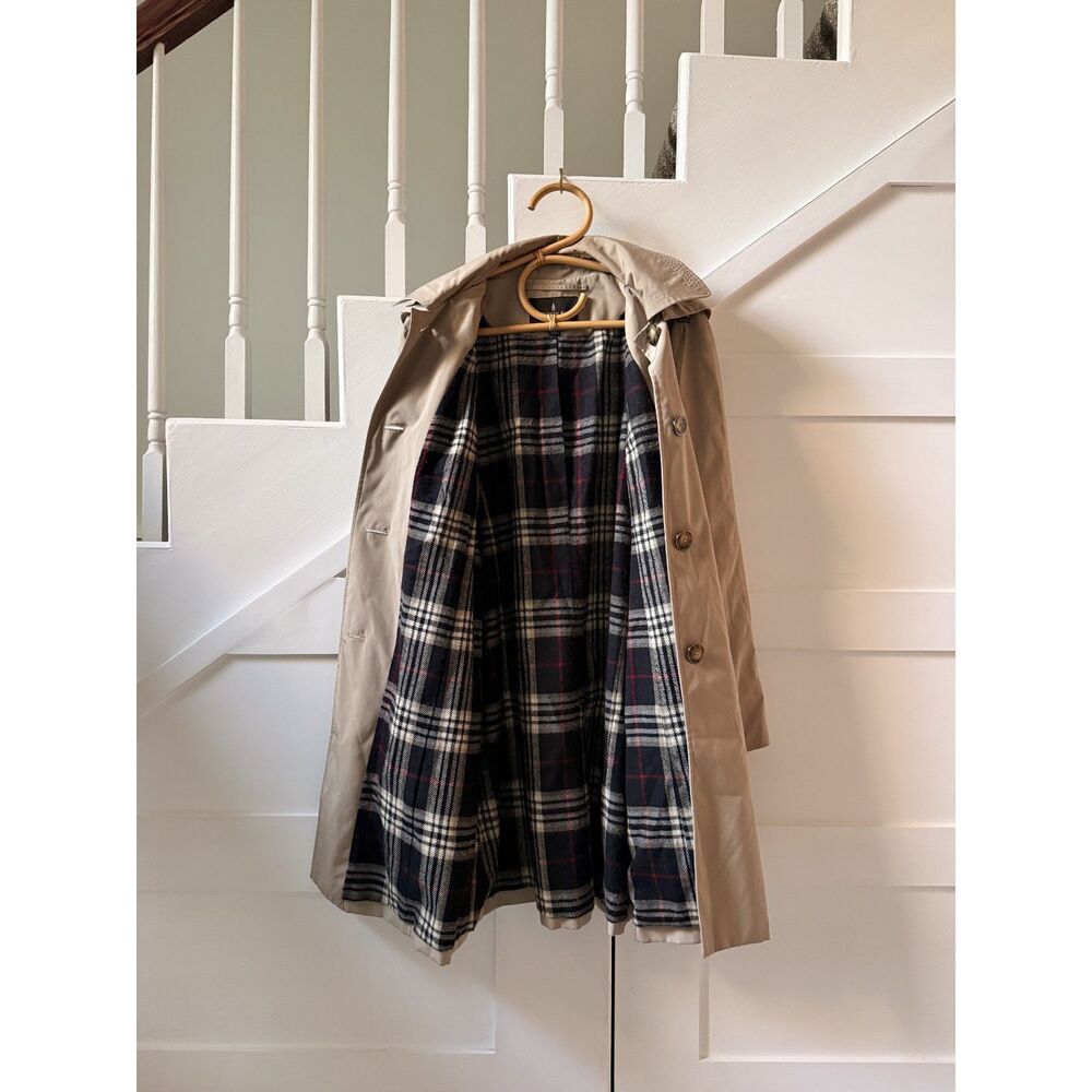 London Fog Beige Hooded Trench Coat with Plaid Lining | Size XL